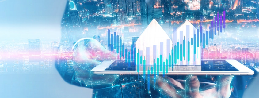 Businessman holding tablet with city hologram show a financial stock market increase profit. Decentralized bullish economy gain price positive graph. Cyber punk network theme color concept.