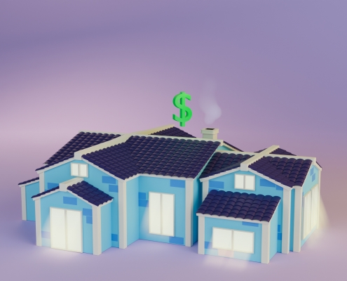 3d illustration. Big blue house for sale with purple background. 3d rendering.
